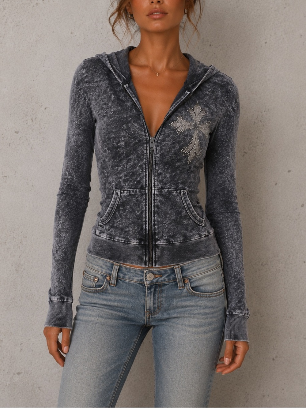 Vintage Y2K T Party Angel Wings Rhinestone Cross Acid Wash Zip Hoodie McBling M